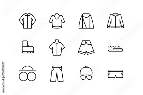 A collection of simple line icons representing various clothing items and accessories.