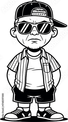 Black and white cartoon illustration of a grumpy man in a snapback hat, sunglasses, striped shirt, and shorts, standing with hands in pockets, vector art for streetwear or urban design.