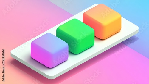 Three vibrant, 3D cubes in pastel colors (pink, purple, green, orange) sit on a white platform