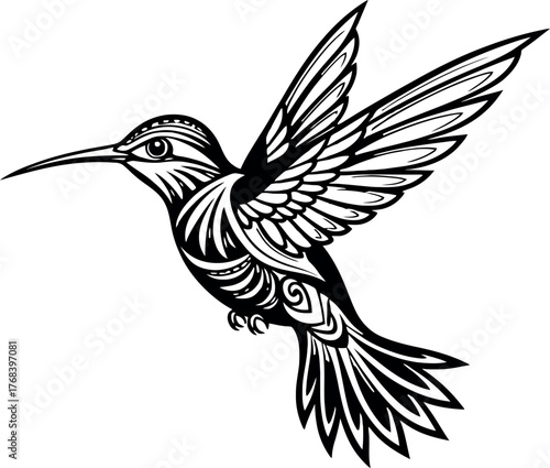 Stylized Hummingbird Vector Art - Black and White Tattoo Design of Flying Colibri with Intricate Ornate Tribal and Mandala Patterns, Detailed Decorative Illustration.