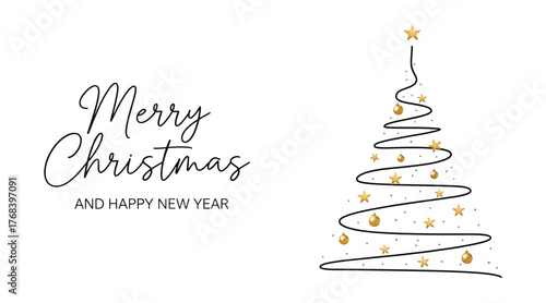 Elegant merry christmas and happy new year greeting card with abstract christmas tree made of black line, golden stars and balls