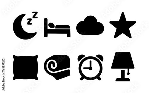 Set of black sleep and bedtime icons including moon, bed, cloud, star, pillow, blanket, alarm clock, and lamp. Flat silhouette style