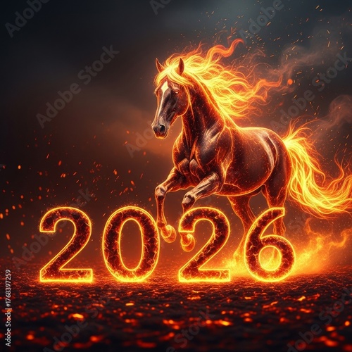 2026 year of the fire horse, majestic glowing equine running amidst sparks, chinese new year celebration
