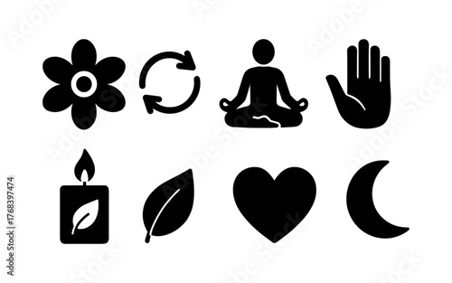 Set of black wellness and mindfulness icons including flower, refresh arrows, meditation pose, hand, candle, leaf, heart, and crescent moon. Flat silhouette style