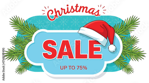 Christmas sale banner featuring a santa hat, pine branches, and a vibrant design, perfect for advertising holiday discounts and promotions with up to 75 off
