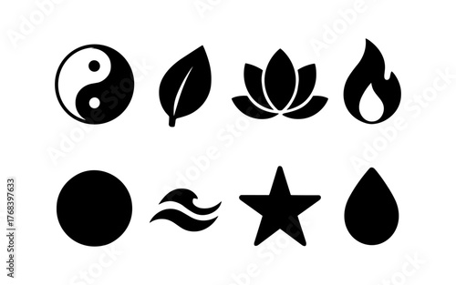Set of black wellness and nature icons including yin yang, leaf, lotus flower, flame, sun, wave, star, and water drop. Flat silhouette vector style
