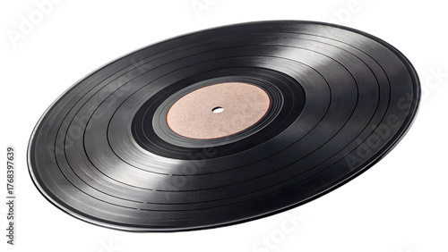 Vinyl record with visible grooves, isolated clean object render, transparent background.