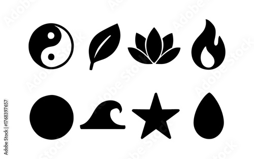 Set of black wellness and nature icons including yin yang, leaf, lotus flower, flame, sun, wave, star, and water drop. Flat silhouette vector style