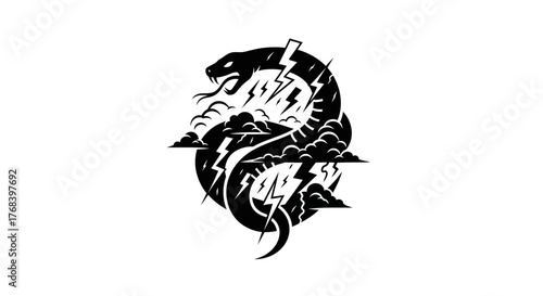 A striking black and white illustration of a coiled snake amidst lightning strikes and dark clouds.