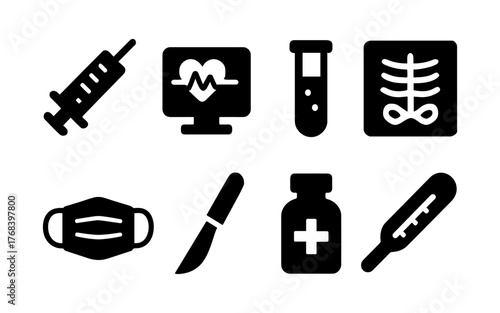 Set of black medical icons including syringe, heart monitor, test tube, X-ray, face mask, scalpel, medicine bottle, and thermometer. Flat silhouette style
