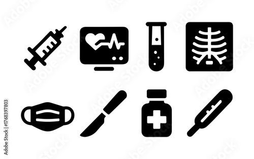 Set of black medical icons including syringe, heart monitor, test tube, X-ray, face mask, scalpel, medicine bottle, and thermometer. Flat silhouette style