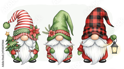 Charming christmas gnomes with festive hats, outfits, and accessories, perfect for holiday decorations and whimsical designs