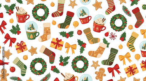 Festive christmas pattern featuring stockings, wreaths, snow globes, gingerbread men, and bows, creating a joyful and whimsical design