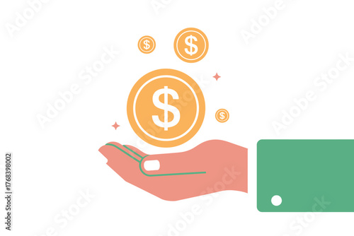 A hand catches falling dollar coins, symbolizing financial gain or investment.