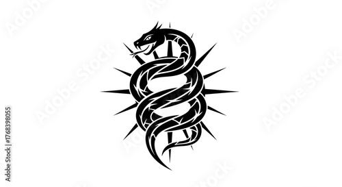 A striking black and white illustration of a coiled serpent entwined with sharp spikes, set against a plain white background.