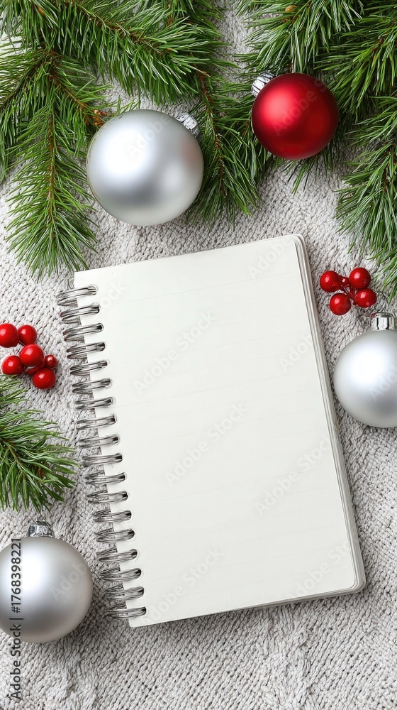 Fototapeta premium Festive christmas notebook mockup with blank page for holiday planning and design inspiration