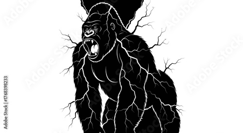 A powerful black gorilla with lightning cracks emanating from its body, symbolizing raw energy and primal strength.