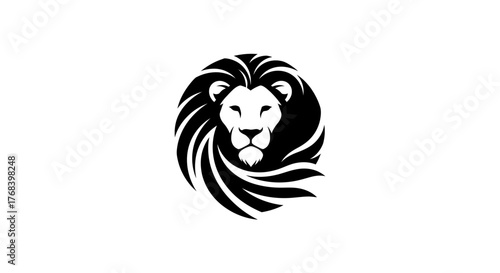 A striking black and white graphic illustration of a lion's head with a majestic mane.