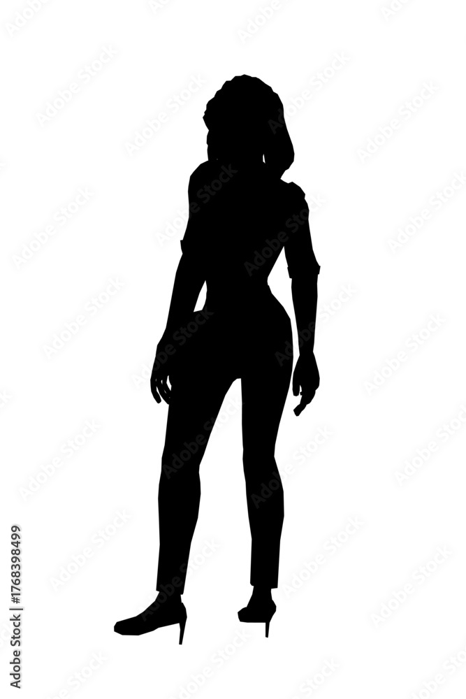 Fototapeta premium A professional woman in a suit carries a bag in a black and white silhouette against a clean white background.