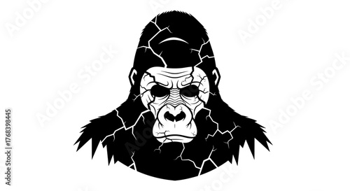 A striking black and white illustration of a gorilla's face with a cracked texture, conveying a sense of ruggedness and power.