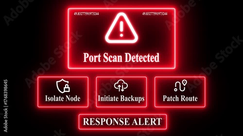 Port Scan Detected response notification on digital interface in data center server room with isolate node initiate backup patch route options. glowing neon lights cybersecurity hacking warning.  