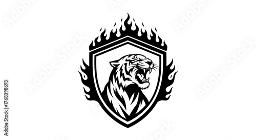 A fierce tiger's head emerges from a shield emblem surrounded by flames, rendered in a striking black and white graphic style.