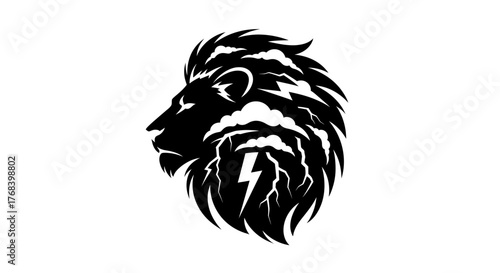 A striking black and white silhouette of a lion's head with a lightning bolt and storm clouds incorporated into its mane.