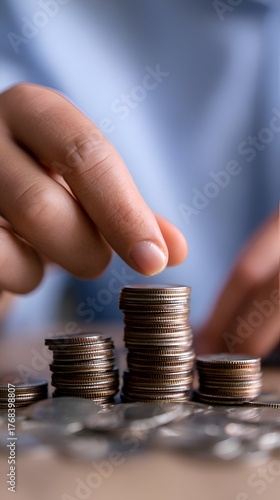 Close-up of a hand stacking coins on a wooden table, symbolizing saving and financial growth