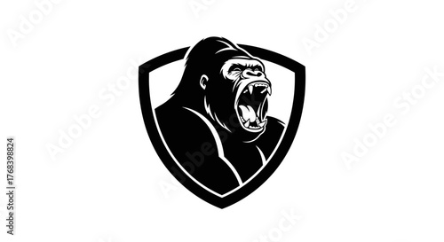 A striking black and white illustration of a fierce gorilla's head within a shield.