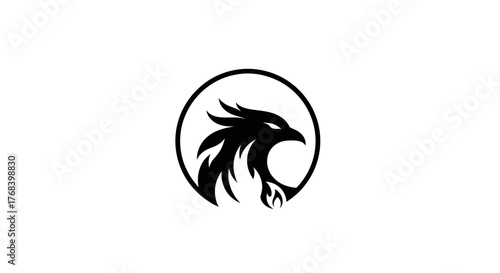 A striking black and white graphic logo featuring a stylized phoenix head within a circular frame.