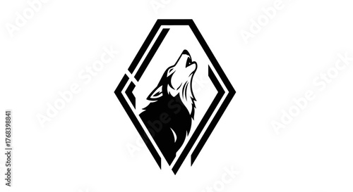 A stylized black and white illustration of a wolf howling inside a geometric diamond shape.