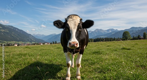 Curious black and white cow in a vibrant alpine pasture, looking directly at camera with majestic mountains and a quaint village in the background