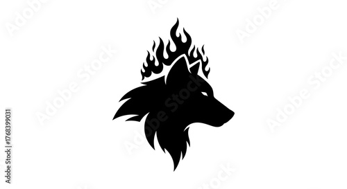 A striking black silhouette of a wolf's head with flames erupting from its mane against a white background.