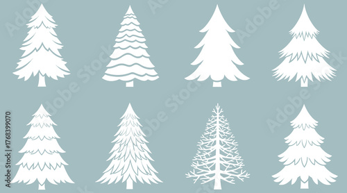 A collection of eight white christmas tree silhouettes isolated on a light blue background, showcasing various shapes and styles of evergreen trees for holiday designs
