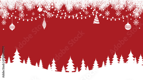 A festive christmas background featuring a red backdrop adorned with white silhouettes of christmas trees, snowflakes, ornaments, and string lights, creating a cheerful holiday scene