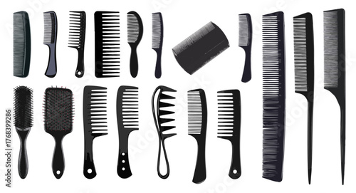 Set of various black hair combs and brushes isolated on white background. Hair styling tools for salon, barber, or beauty care concept. Professional grooming accessories collection
