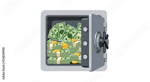 Open safe revealing stacks of money and gold coins, symbolizing wealth, security, and financial success.