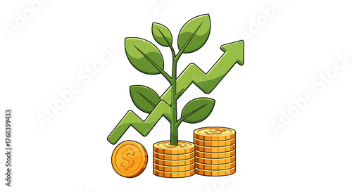 An illustration shows a plant growing out of coins, with a green arrow going up, symbolizing financial growth.