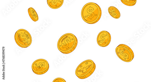 A whimsical illustration displays an array of golden coins floating against a stark transparent background, perfect for finance themes.