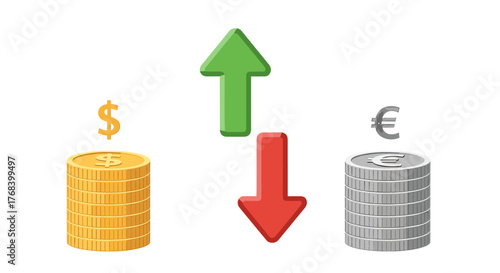 Visual metaphor showcasing the fluctuations in currency exchange rates using arrows and stacks of coins.