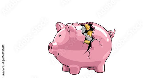 A piggy bank with cracks and coins inside symbolizes financial fragility or broken savings goals, against a transparent background.