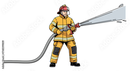 An illustration of a brave firefighter holding a hose and spraying water to extinguish a fire during an emergency.