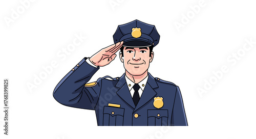A smiling officer in a blue uniform and cap salutes with respect and formality against a transparent background.