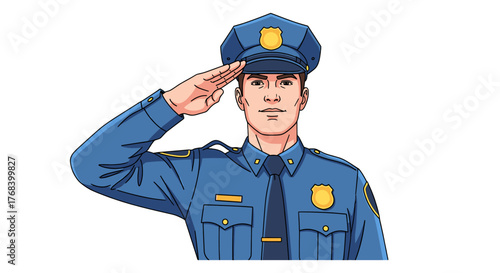 Illustration of a policeman in uniform giving a respectful salute on a transparent background, symbolizing duty and honor.