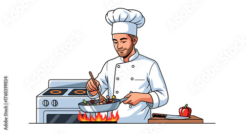 An animated chef expertly fries vegetables in a pan, showcasing culinary skills near a stove and a cutting board.