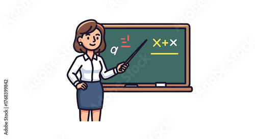 A teacher is standing in front of the class teaching math with a pointer. The board is green and has a math formula.