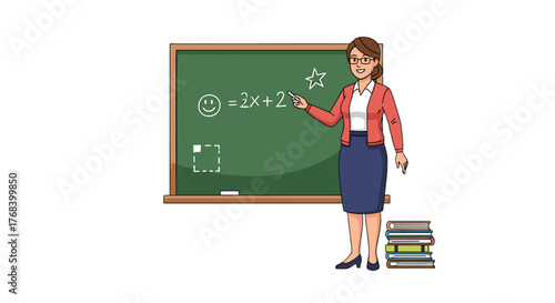 An educator stands before a blackboard, adorned with equations and shapes, teaching a lesson to her pupils.