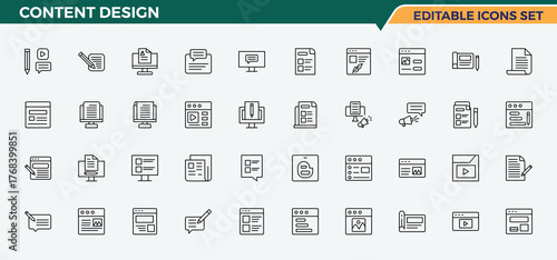 Content Design linear icon collection. Included stream, video content, blog, content, creator and more. Blog icon set. Sign and Symbol. Editable stroke vector art.