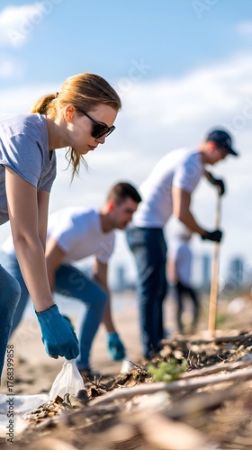 Volunteers cleaning up a beach, collecting trash while city skyline looms in the background