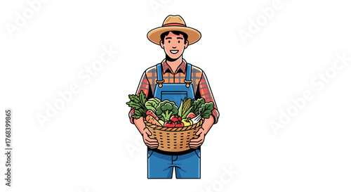A happy farmer in a straw hat and overalls carries a basket full of vegetables after a successful harvest.